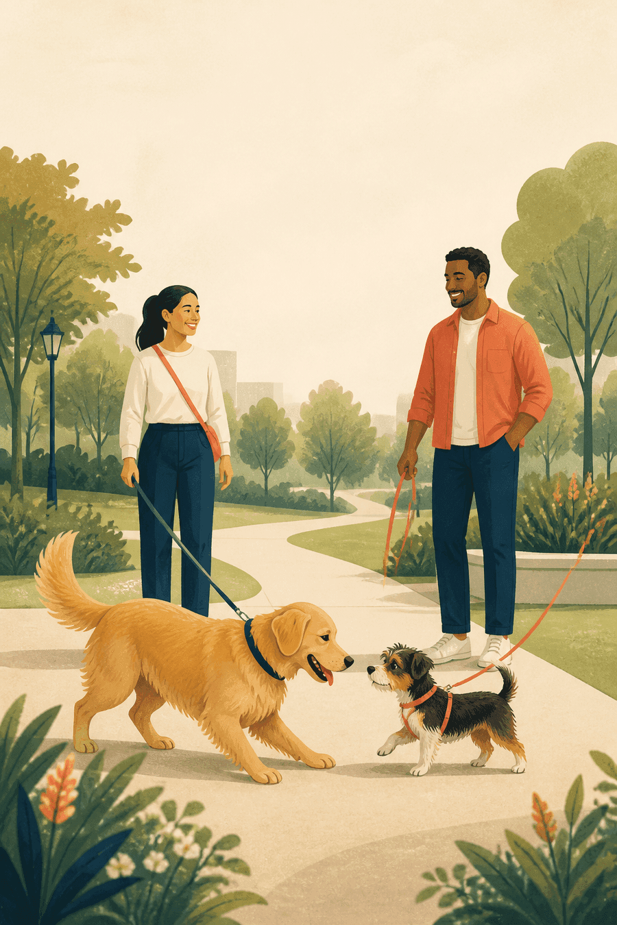 Two responsible pet owners introducing their dogs in a public park