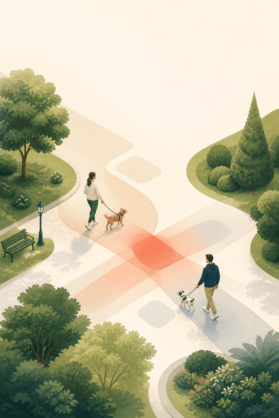 Two dog walkers whose paths crossed in an approximate shared area