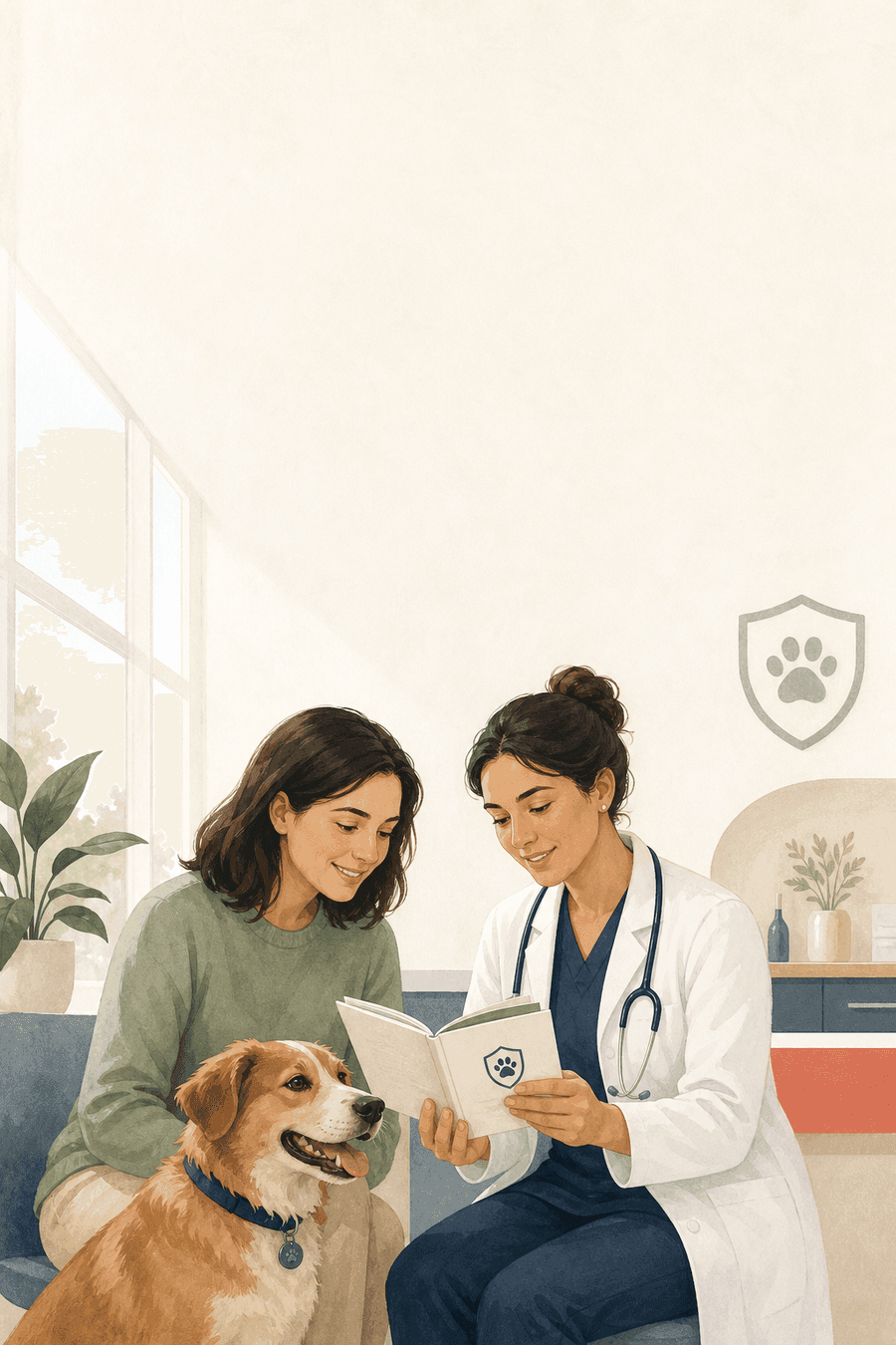 A pet owner and veterinarian reviewing a dog's health booklet